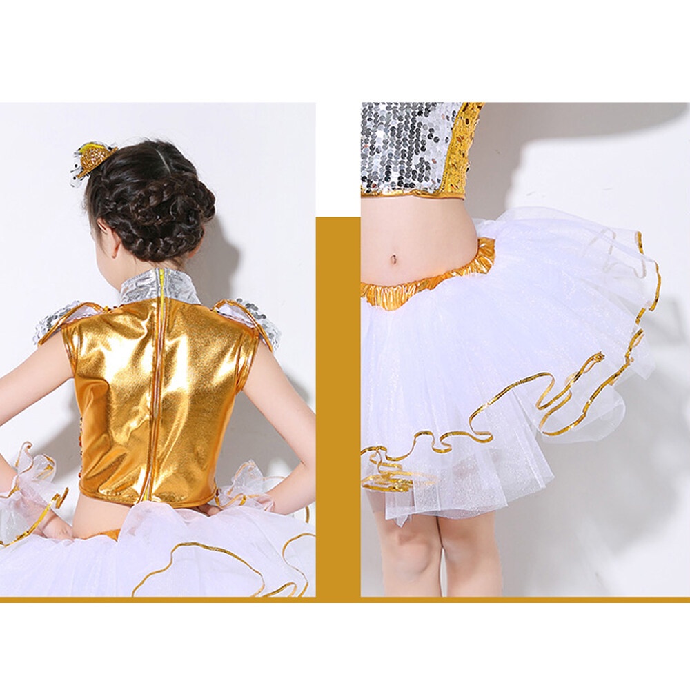 Trẻ em sequins trang phục khiêu vũ đường phố hiện đại cho bé gái bé trai màu xanh vàng mảnh hip-hop trang phục đội học sinh áo + váy / quần short bộ có dây đeo tay