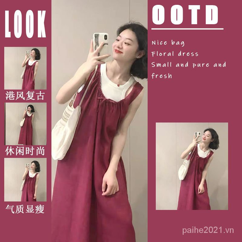PaiHO❤ Plus size dành cho phụ nữ bộ đồ mùa hè 2023 phong cách mới hơi béo thon gọn hơn nhìn salt series age-reducing strap dress sling inner match