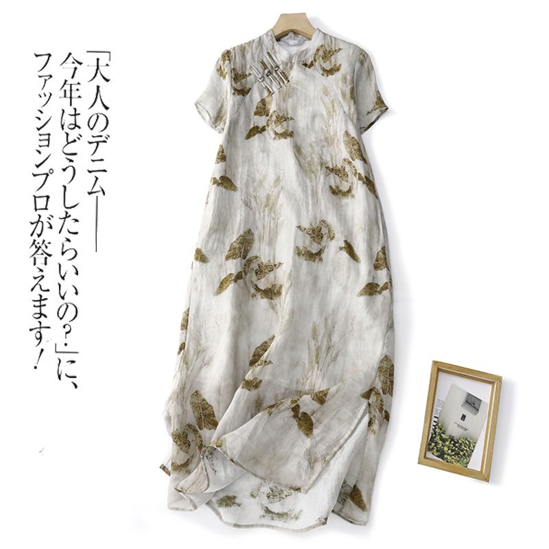 Ice cotton linen clearance leak pick-up counter niu hàng hóa rút counter antique charm trà quần áo chéo ve áo khóa cổ in ramie dress mùa hè