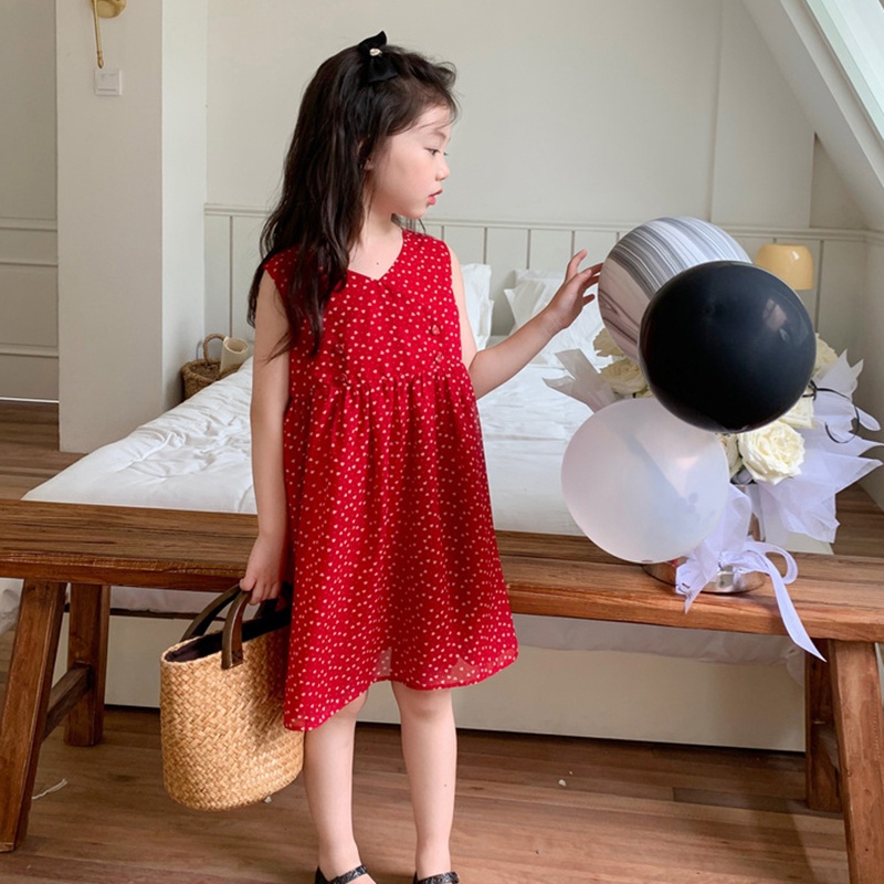 Váy bé gái phiên bản hàn quốc mùa hè v-cổ không tay váy vest chấm bi