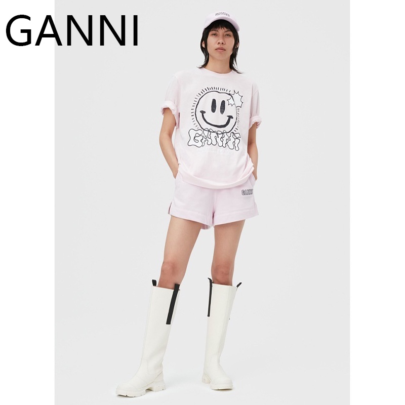 Ganni ladies letter smiley face in cổ tròn tay ngắn áo thun lỏng thường t-shirt tay ngắn