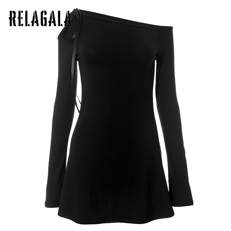 Relagala women's 2023 thời trang mới dây đeo vai giản dị cổ nghiêng dài tay áo xù viền hông váy quấn