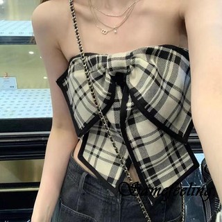 Sf-women vintage plaid tube tops 90s bodycon bow front straplesss tank summer không tay backless bandeau streetwear