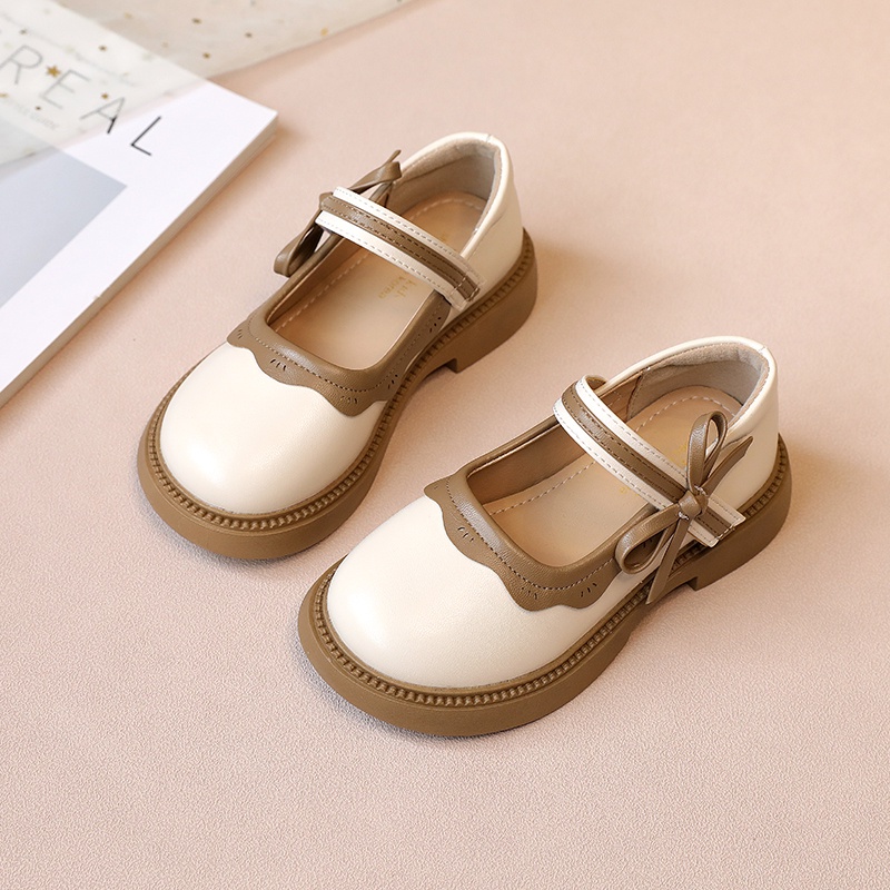 Simple bowknot leather flat shoes for baby girls elegant ruffle thoải mái soft sole anti-slippery kids shoes 2-16 tuổi