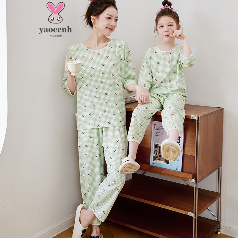 【YAOEENH】Bộ Đồ Ngủ Pijama Tay Dài Phối Ren Hoa 90-180cm Dành Cho Mẹ Và Bé