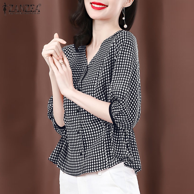 Áo sơ mi ZANZEA tay lửng cổ chữ V họa tiết ca rô thời trang dành cho nữ
