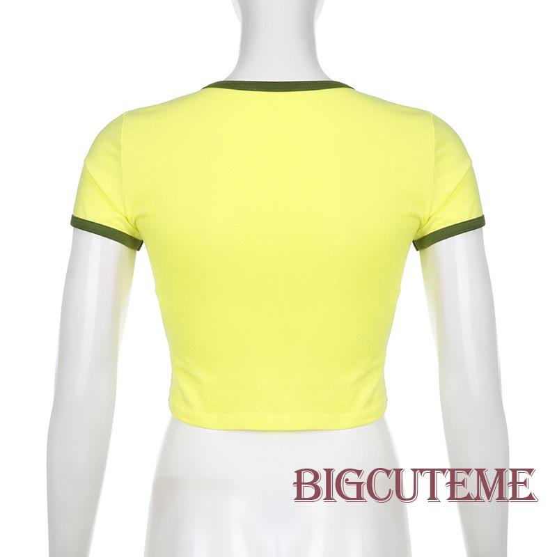 Áo Croptop Tay Ngắn Cổ Tròn Màu Sắc Tương Phản In Họa Tiết Ngôi Sao Thời Trang Cho Nữ