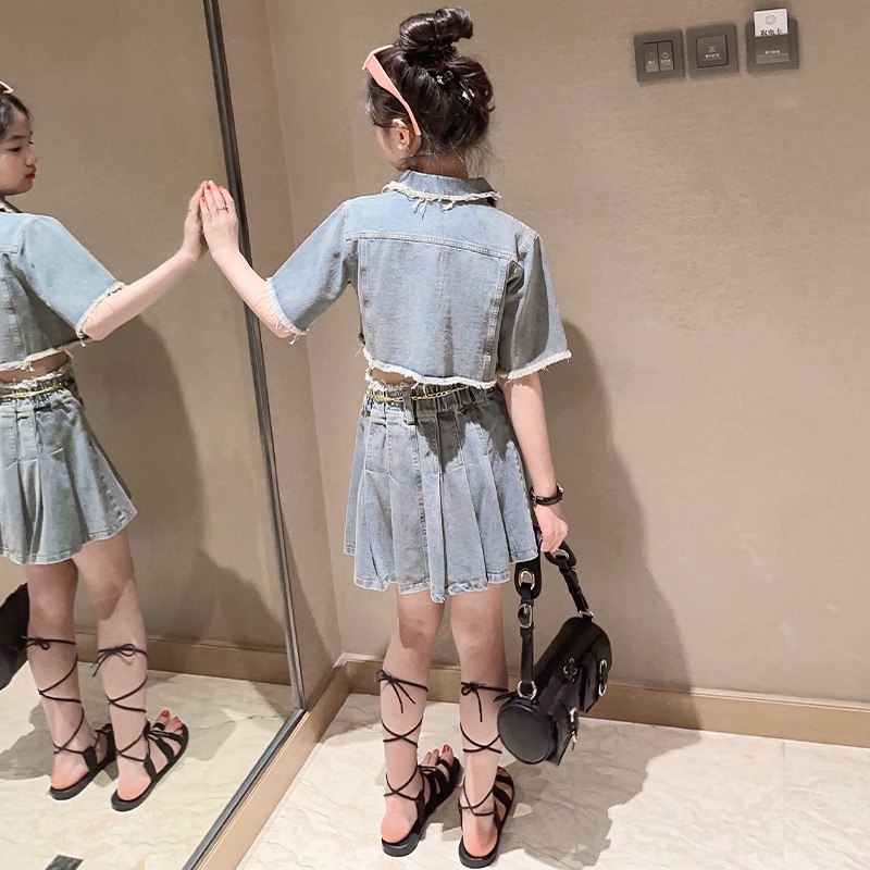 Set Áo Sơ Mi Ngắn Tay + Chân Váy Denim Thời Trang Mùa Hè Cho Bé Gái