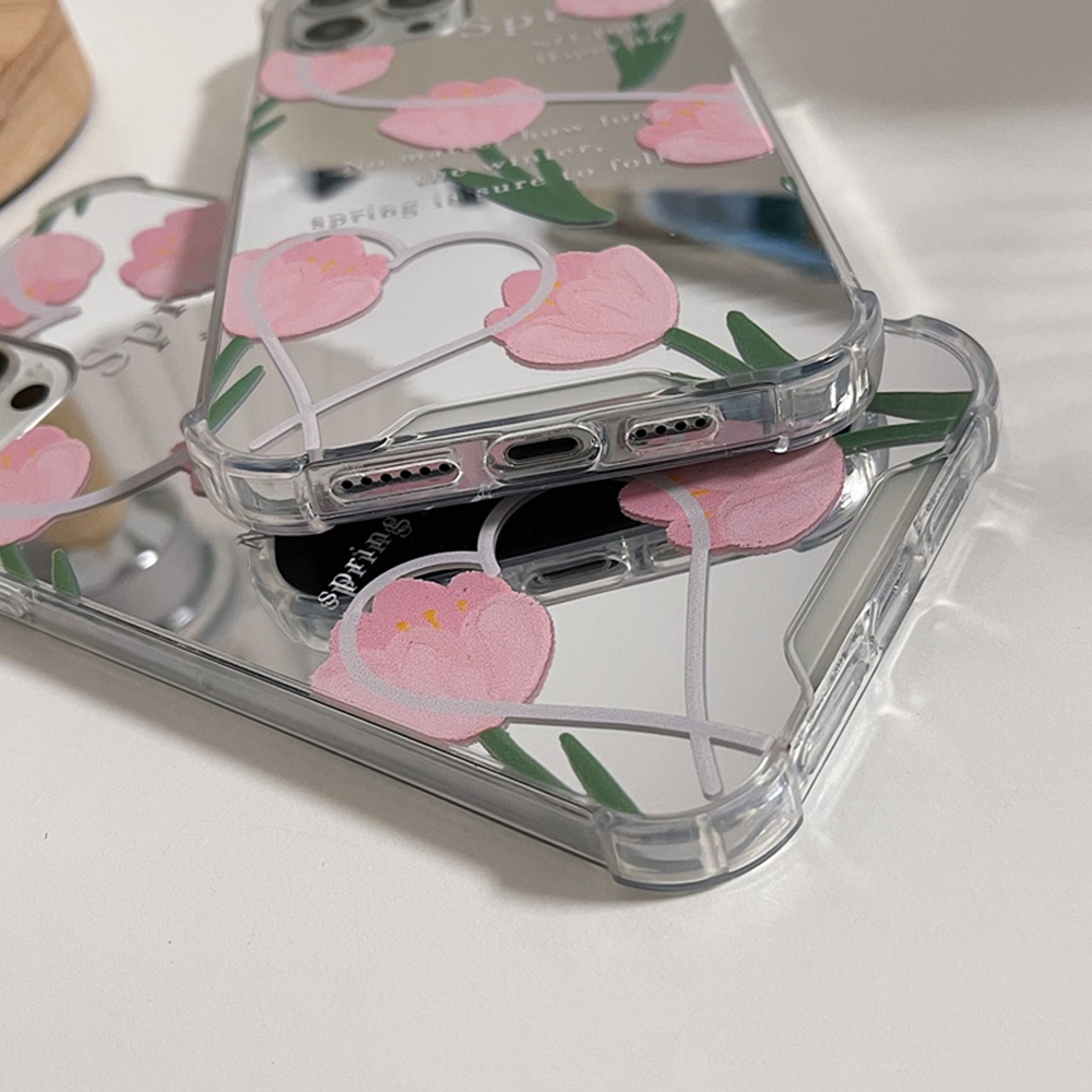 Ốp Điện Thoại TPU Dẻo Gắn Gương Trang Điểm In Hình Hoa Tulip Cho IPhone 13 12 11 Pro Max XS XR 8 7 Plus