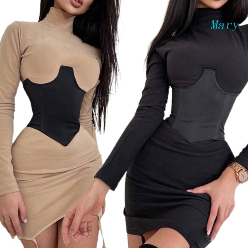 Đầm Ngắn Cổ Lọ Tay Dài Ôm Dáng Kèm Đai Nịt Ngực Cột Dây Gợi Cảm Cho Nữ