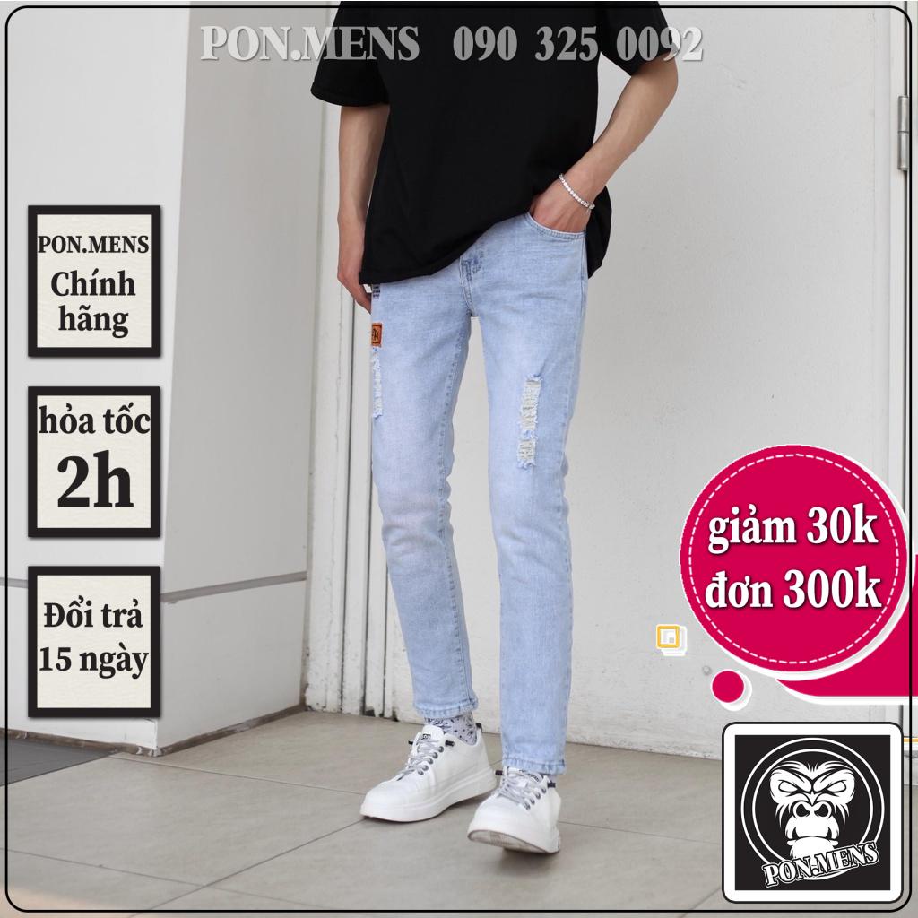 Quần jean nam rách gối co giãn nhiều thêu chữ xanh nhạt dáng slimfit phom ôm pon.mens hà nội hcm freeship