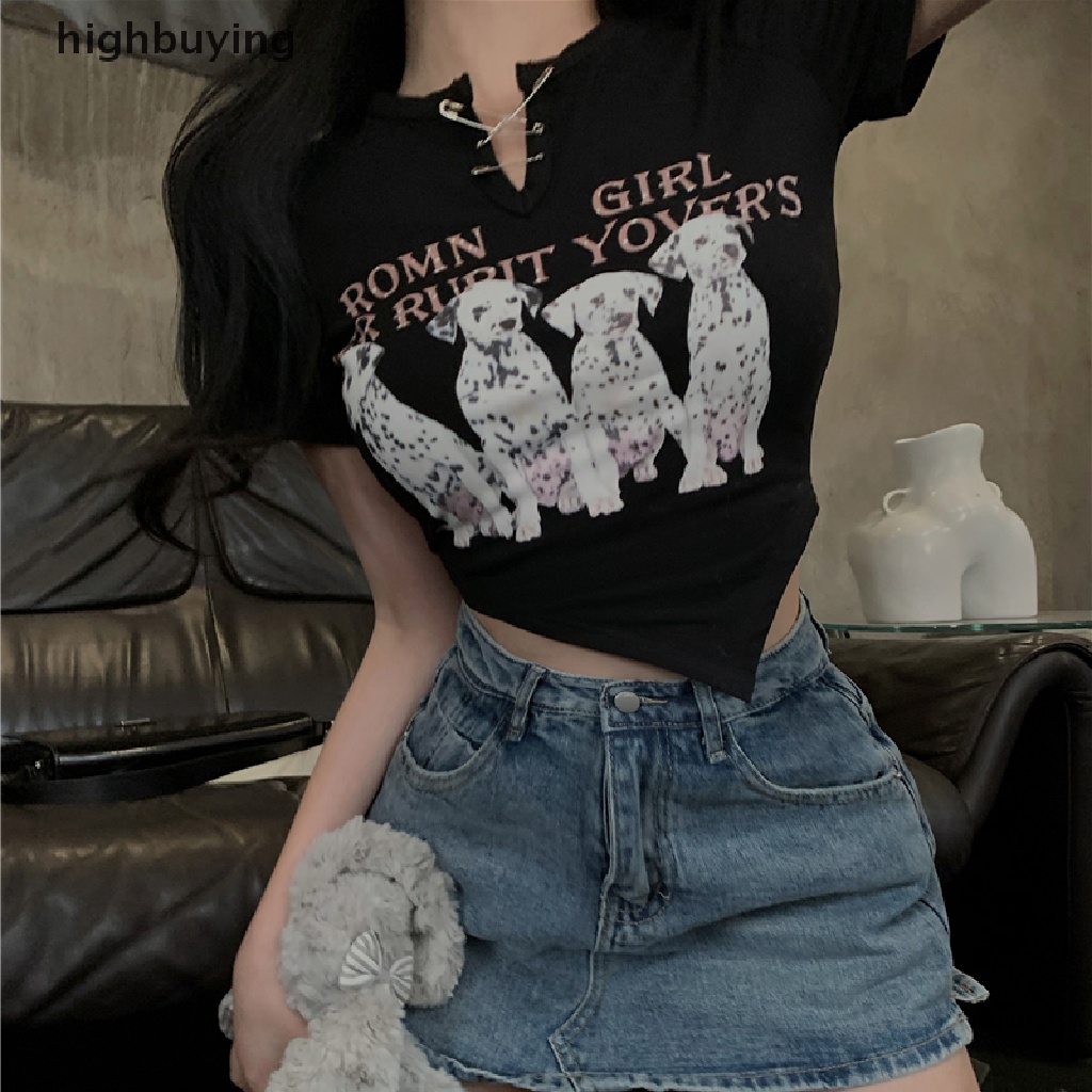 Áo Thun Lửng Ngắn Tay Cổ Chữ V In Họa Tiết Hoạt Hình Phong Cách Retro Dành Cho Nữ