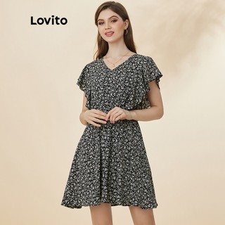 Đầm Lovito cổ chữ V xếp nếp có dây buộc họa tiết hoa mặc thường ngày L19D461 (Màu đen)