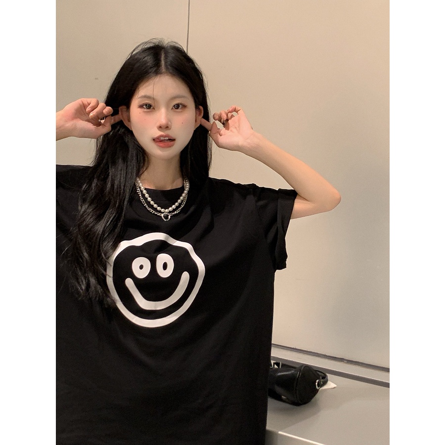 Áo Thun 100% cotton Màu Đen Dáng Rộng In Họa Tiết Thời Trang Mùa Hè Dành Cho Nữ 4683