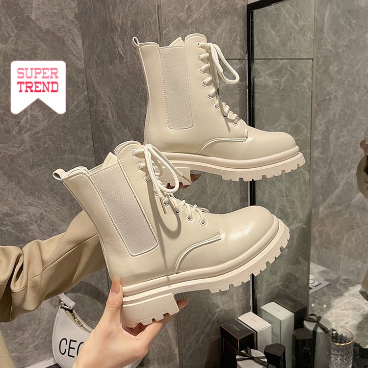 Giày Ống Ngắn Cột Dây Phía Trước Màu Trơn Cổ Điển Đơn Giản Thời Trang