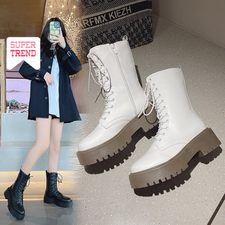 Giày Bốt Martin Mũi Tròn Cột Dây Phía Trước Màu Trơn Phối Khóa Kéo Thoải Mái Phong Cách Retro Thời Trang