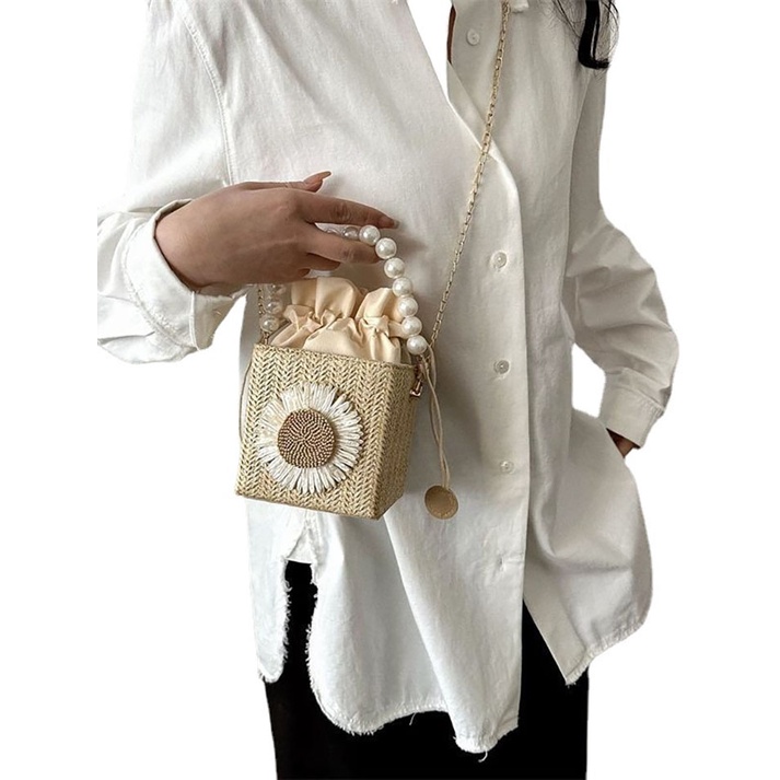 Túi Xách JASMIN NOIR Đeo Chéo Đan Lát Hình Vuông Đính Ngọc Trai Thời Trang Cho Nữ