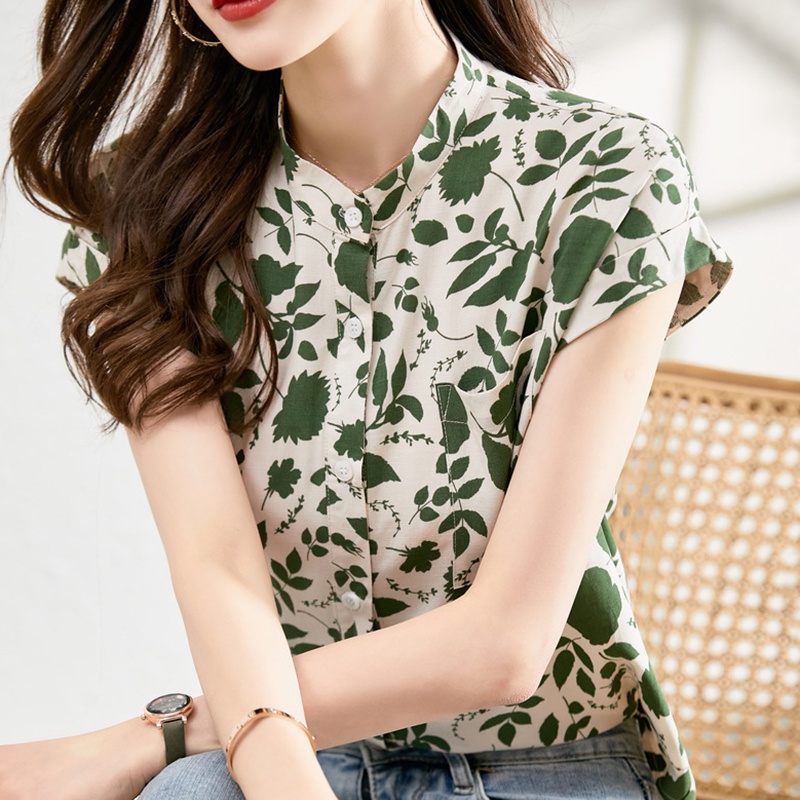 IELGY Áo Sơ Mi chiffon Mỏng Tay Ngắn In Họa Tiết Hoa Phong Cách Pháp Thời Trang Cho Nữ