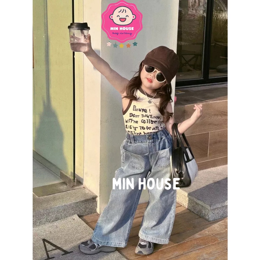 (12-35kg) Set áo ba lỗ phối quần jean dáng xuông KÈM NÓN LƯỠI TRAI cho bé gái diện hè, đi học, đi chơi