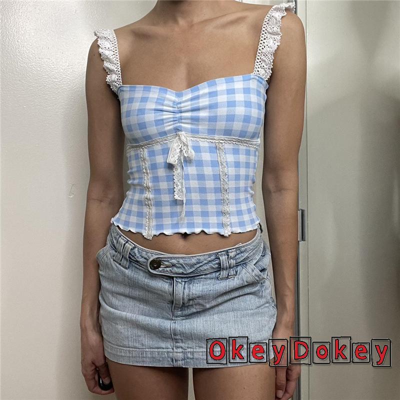 Áo Hai Dây Hở Lưng Thắt Nơ Họa Tiết Sọc Caro Cổ Điển Y2K Cho Nữ