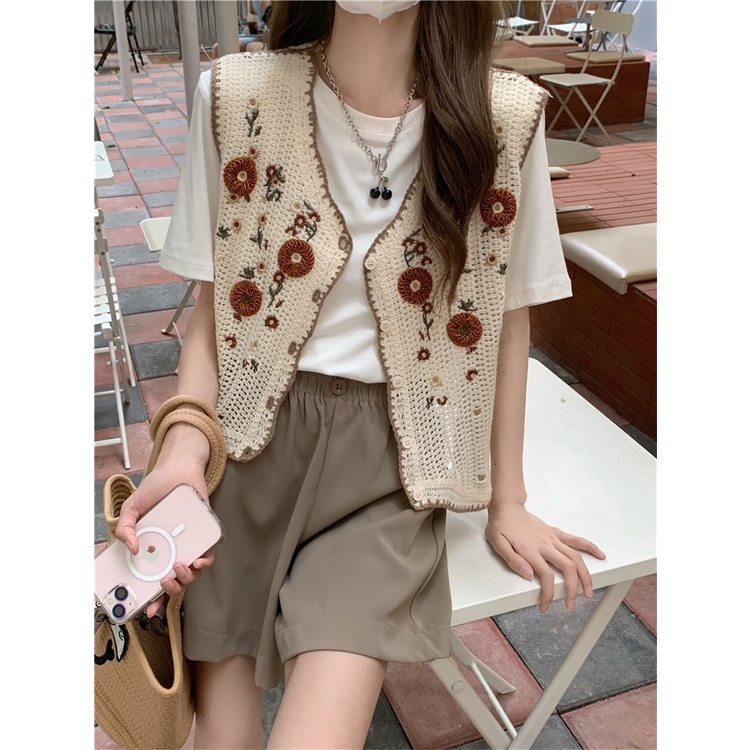 Áo Sweater Dệt Kim Sát Nách Thêu Họa Tiết Dân Tộc 2 Màu Tùy Chọn