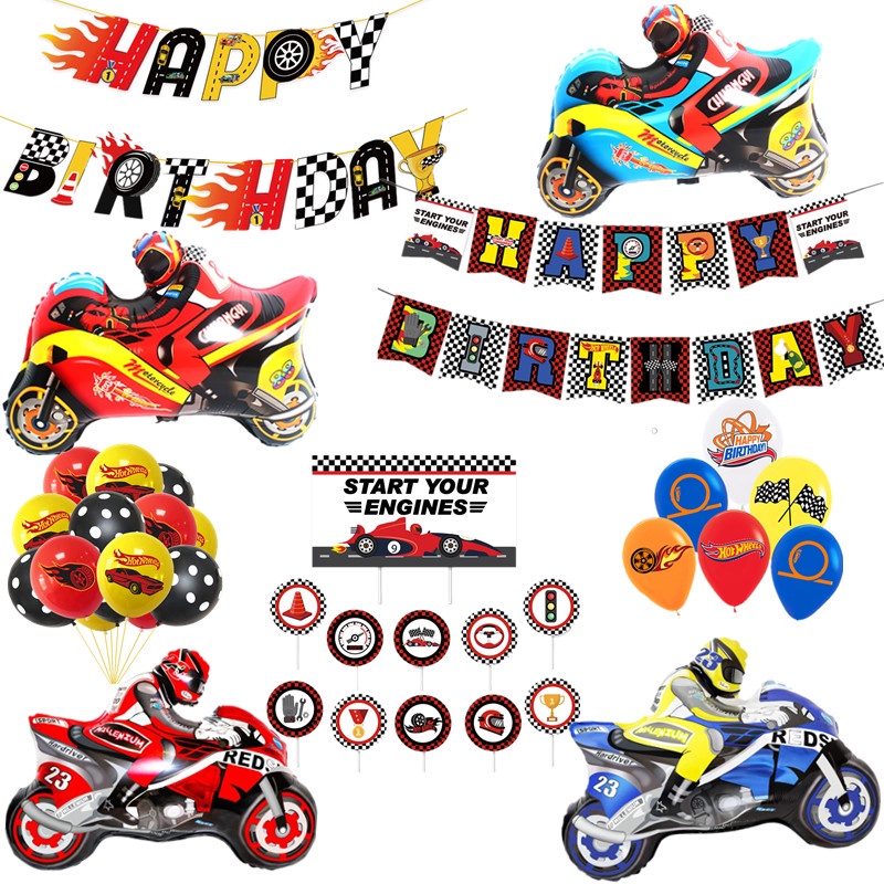 Bộ Bong Bóng Cao Su Và Banner Chủ Đề Đua Xe Trang Trí Tiệc Sinh Nhật Cho Bé