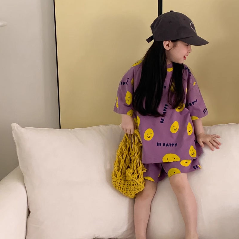 Set Áo Thun Ngắn Tay In Hình Mặt Cười Hoạt Hình Và Quần Short Thời Trang Mùa Hè Phong Cách Hàn Quốc Cho Bé