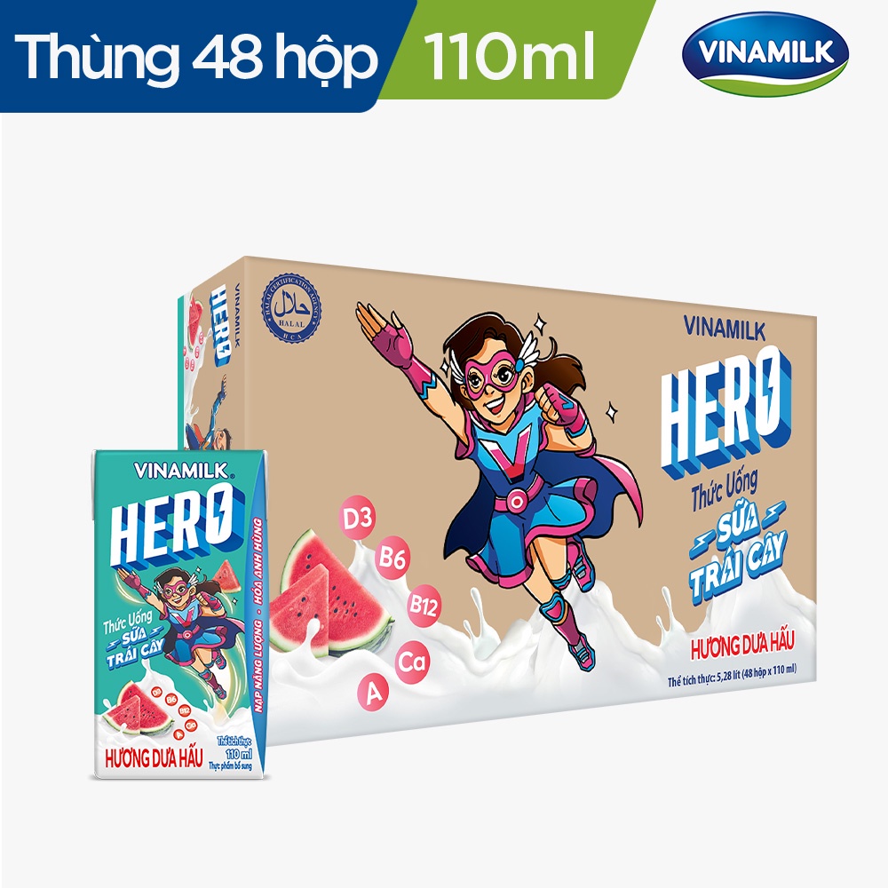 2 Thùng Thức uống Sữa trái cây Hero Vị Dưa Hấu 110ml - 48 hộp/Thùng