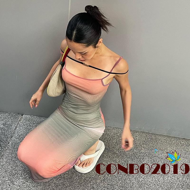 Đầm Hai Dây Cổ Thuyền Eo Cao Họa Tiết Màu Nhuộm Thời Trang Mùa Hè Cho Nữ