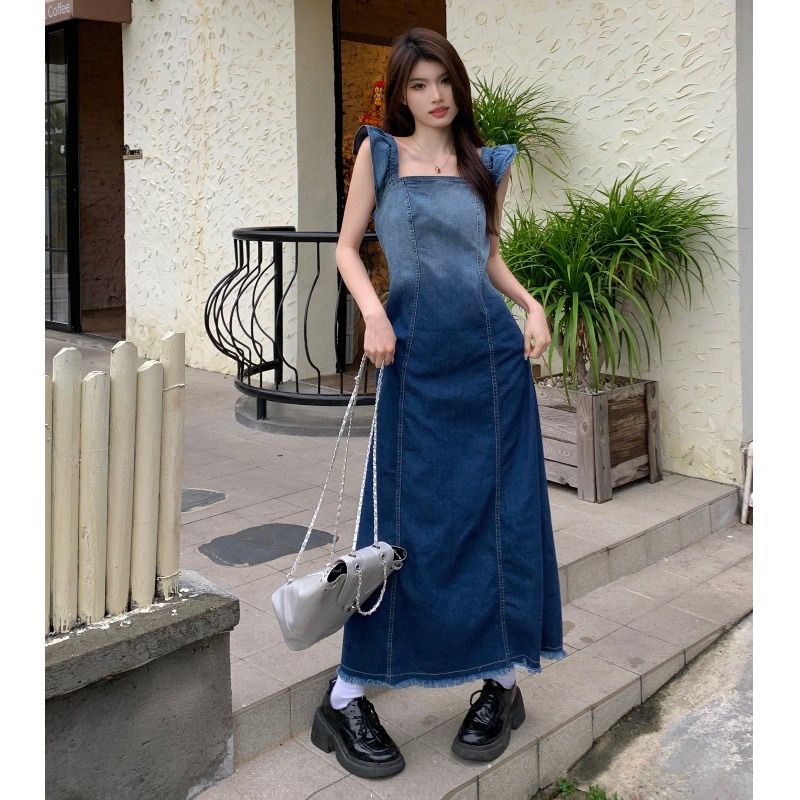 Đầm Denim Mùa Hè 2023 Tay Bay Nhỏ Màu Gradient Phong Cách Hàn Quốc Đơn Giản Dễ Phối Đồ Cho Nữ