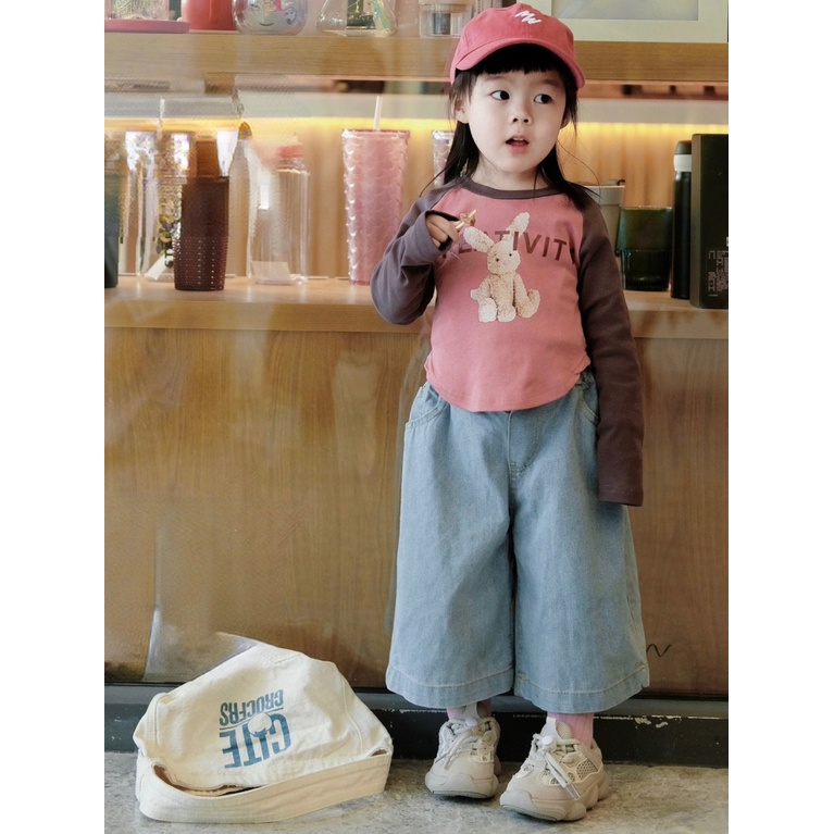 Hàng Mới Về Set Áo Thun Ngắn Tay Và Quần Jeans Ống Rộng Phong Cách Hàn Quốc Cho Bé Gái