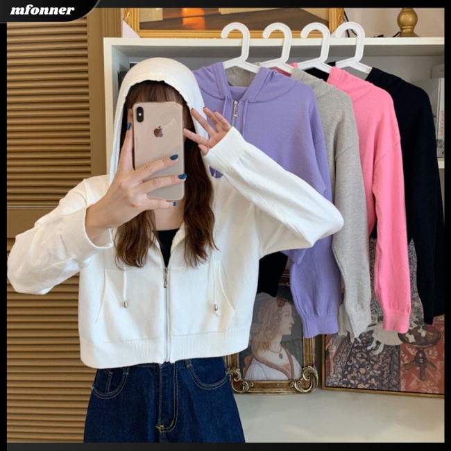 Áo Khoác Cardigan Lửng Có Nón Trùm Đầu Phối Dây Rút Dài Tay Trọng Lượng Nhẹ Toàn Diện Cho Nữ