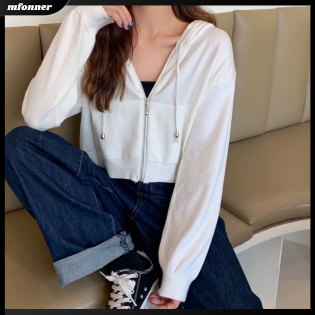 Áo Khoác Cardigan Lửng Có Nón Trùm Đầu Phối Dây Rút Dài Tay Trọng Lượng Nhẹ Toàn Diện Cho Nữ