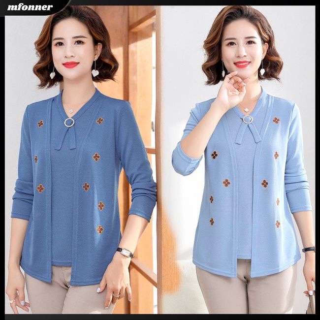 Áo Sweater Giả Hai Lớp Dáng Rộng Tay Dài In Hình Cây Cối Màu Trơn Thời Trang Cho Nữ