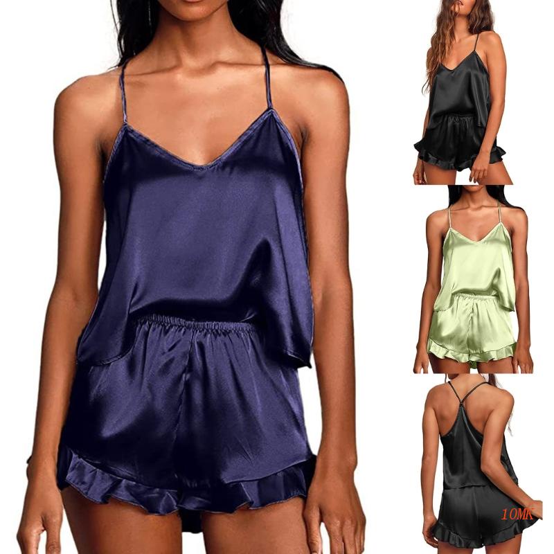 Bộ Đồ Ngủ 2 Mảnh Áo Hai Dây Cổ Chữ V Phối Quần Short Vải Satin Màu Trơn Thời Trang Quyến Rũ Cho Nữ