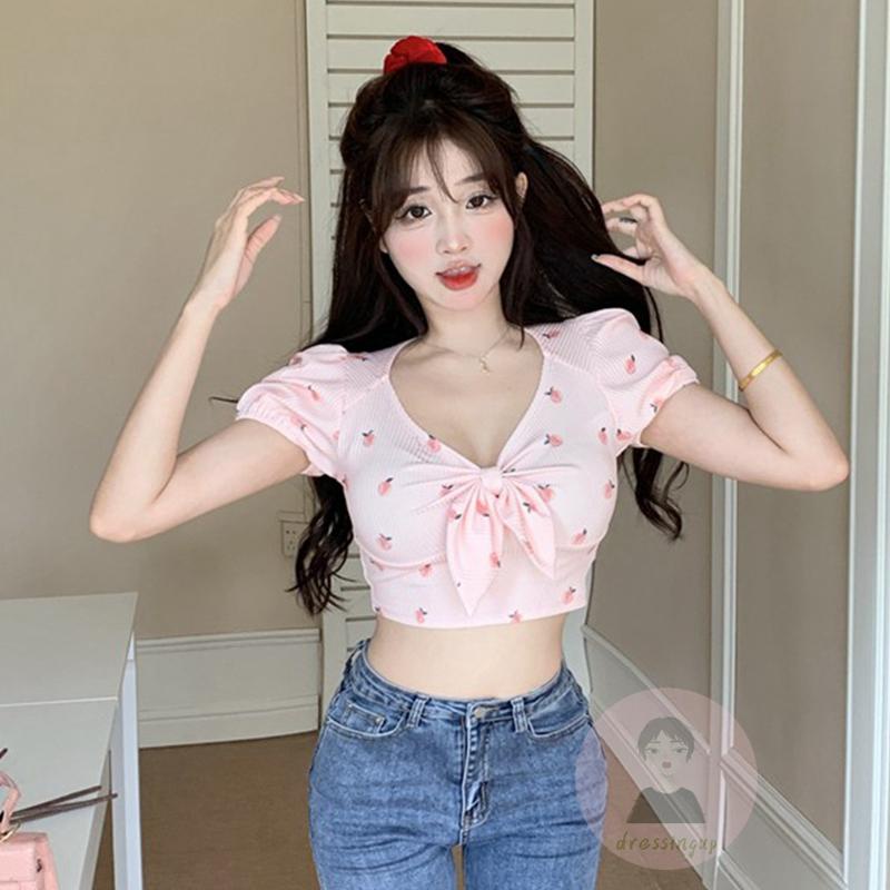 Áo Thun Tay Ngắn Cổ Chữ V Thắt Nơ In Hình Quả Đào Thời Trang Mùa Hè Cho Nữ