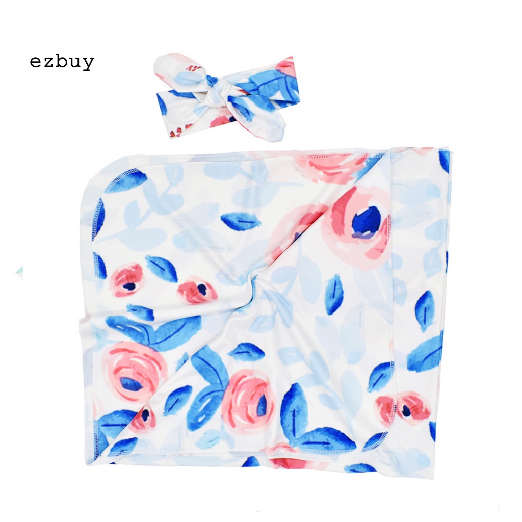 Bộ 2 Chăn Quấn Và Băng Đô In Hoa Giữ Ấm Cho Bé Sơ Sinh