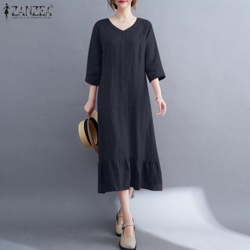 Zanzea Đầm Cổ V Tay 3 / 4 Phong Cách Hàn Quốc Cho Nữ