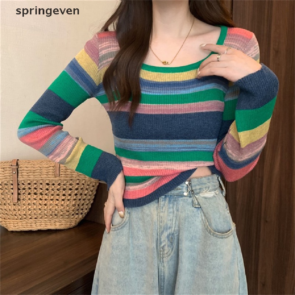 Áo Sweater Dệt Kim Tay Dài Cổ Vuông Họa Tiết Kẻ Sọc Nhiều Màu Sắc Thời Trang Cho Nữ