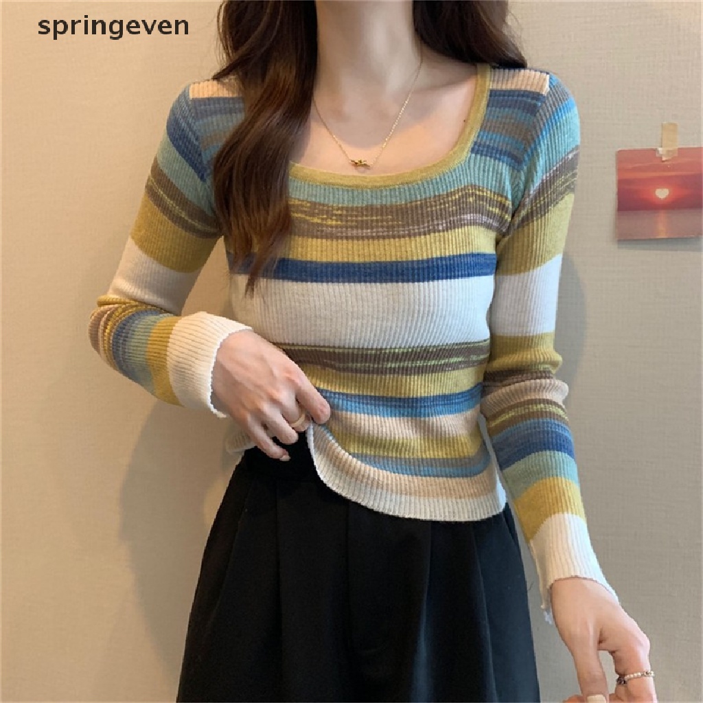 Áo Sweater Dệt Kim Tay Dài Cổ Vuông Họa Tiết Kẻ Sọc Nhiều Màu Sắc Thời Trang Cho Nữ