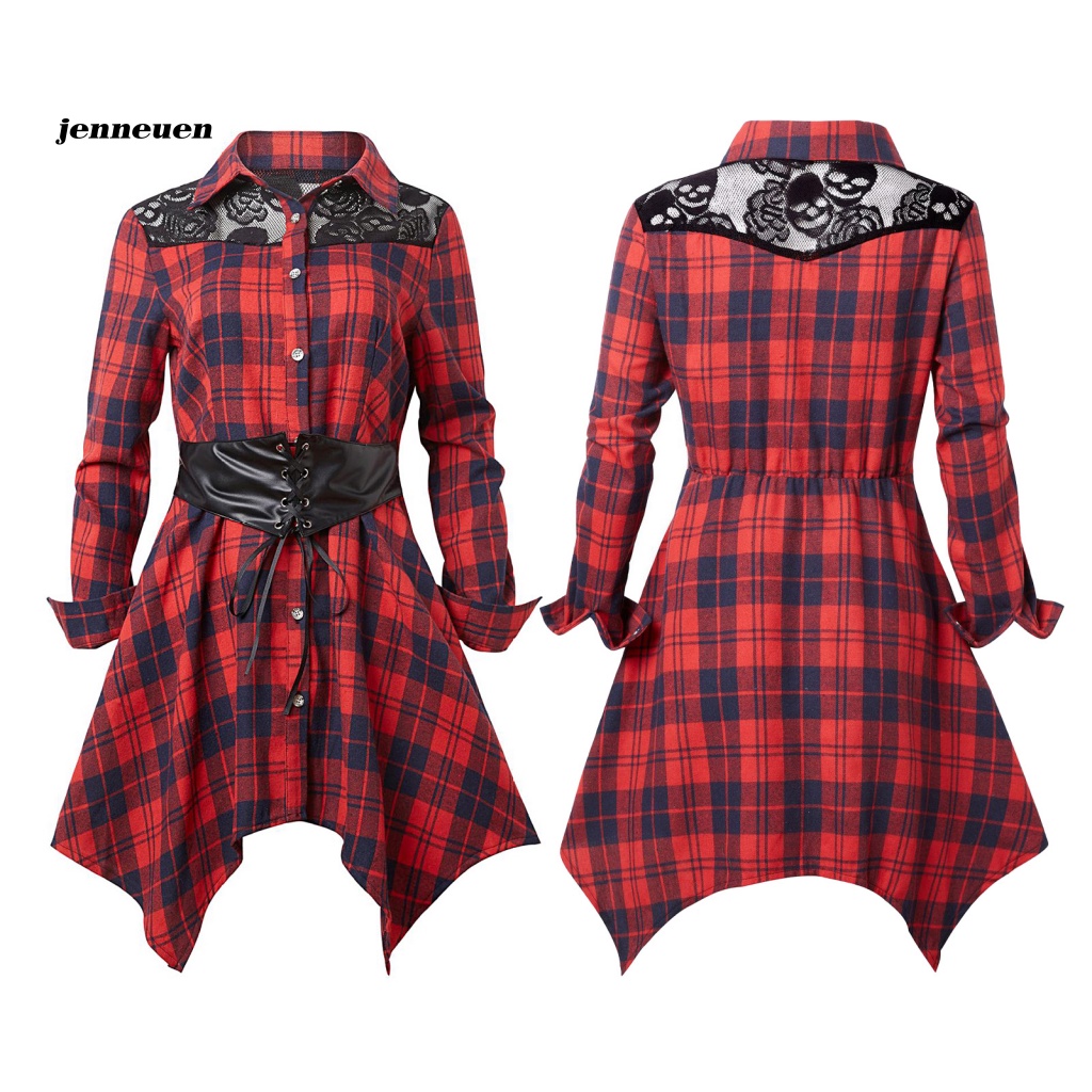 Áo Sơ Mi Cổ Bẻ Viền Ren Dáng Dài In Họa Tiết Kẻ Sọc Thiết Kế Lệch Tà Thời Trang Cho Nữ