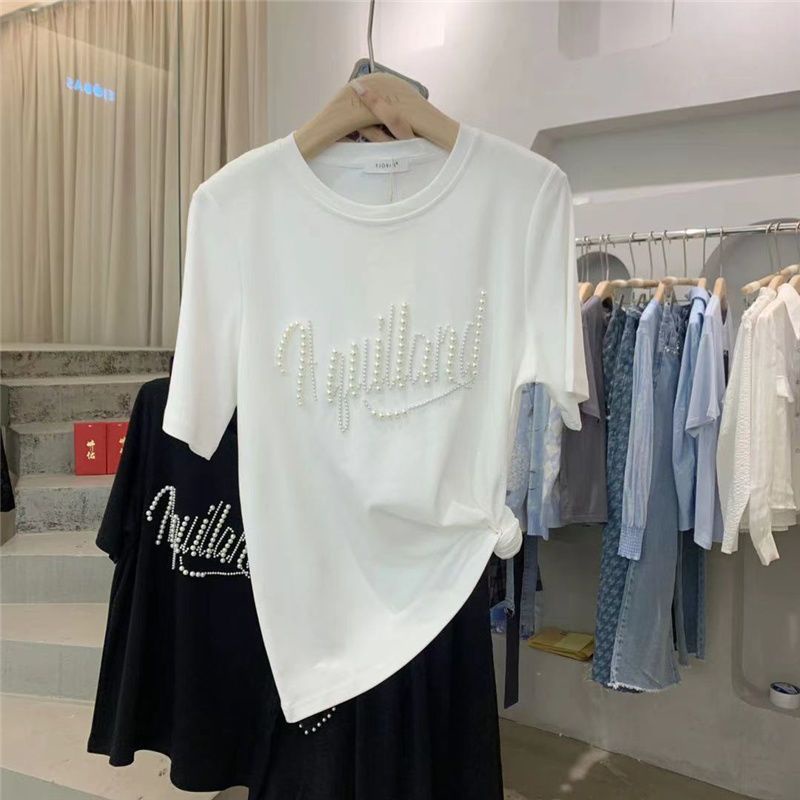 Áo Thun Cotton Tay Ngắn Cổ Tròn Màu Trơn Đính Hạt Ngọc Trai Thời Trang Thu Hè Hàn Quốc 2022