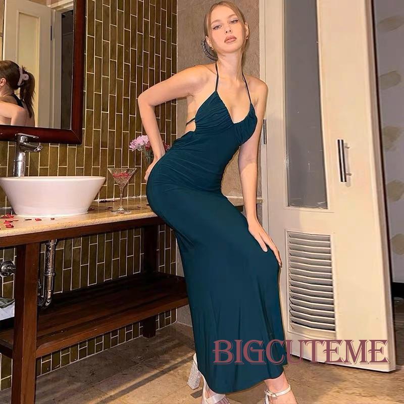 [] - Đầm Dài Cổ Chữ V Không Tay Hở Lưng Xếp Ly Màu Trơn Đơn Giản Thích Hợp Đi Tiệc / Hồng / Xanh Lá / Cà Phê Cho Nữ