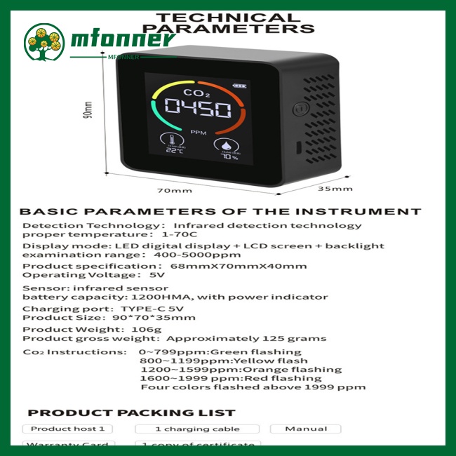 Máy Đo Độ Ẩm / Nhiệt Độ Không Khí Co2 Nhỏ Gọn Mfonner Carbon Dioxide