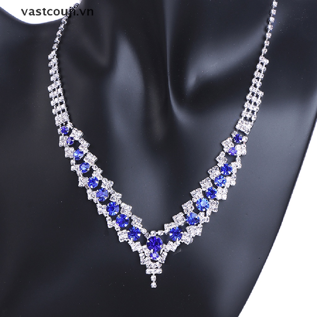 Bộ Vòng cổ + Bông Tai Đính Đá Pha Lê Xanh Hình Chữ V Sang Trọng Cho Nữ