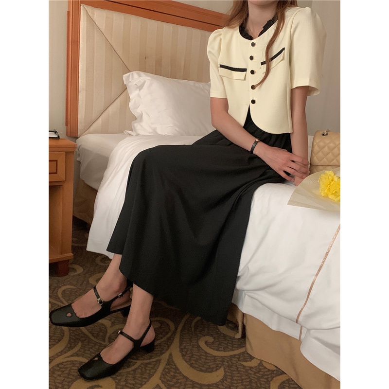 SUXI Bộ Áo Khoác Blazer Ngắn Tay + Đầm Ôm Không Tay Màu Sắc Đơn Giản Phong Cách Vintage Hàn Quốc