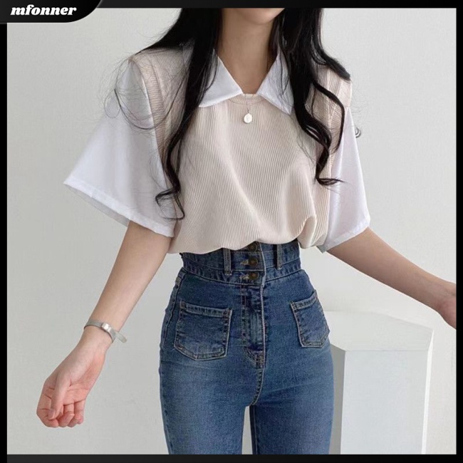 Áo Sơ Mi Tay Ngắn Dáng Rộng Màu Sắc Tương Phản Thời Trang Mùa Hè Thoáng Khí Cho Nữ