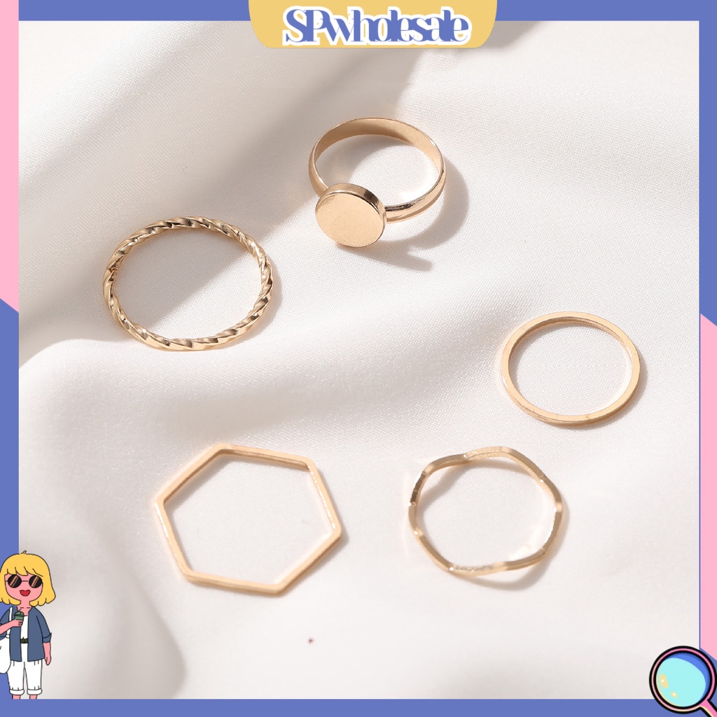 <SPwholesale> Bộ 5 Nhẫn Hợp Kim Mỏng Đính Đá Lấp Lánh Thời Trang Cho Nữ