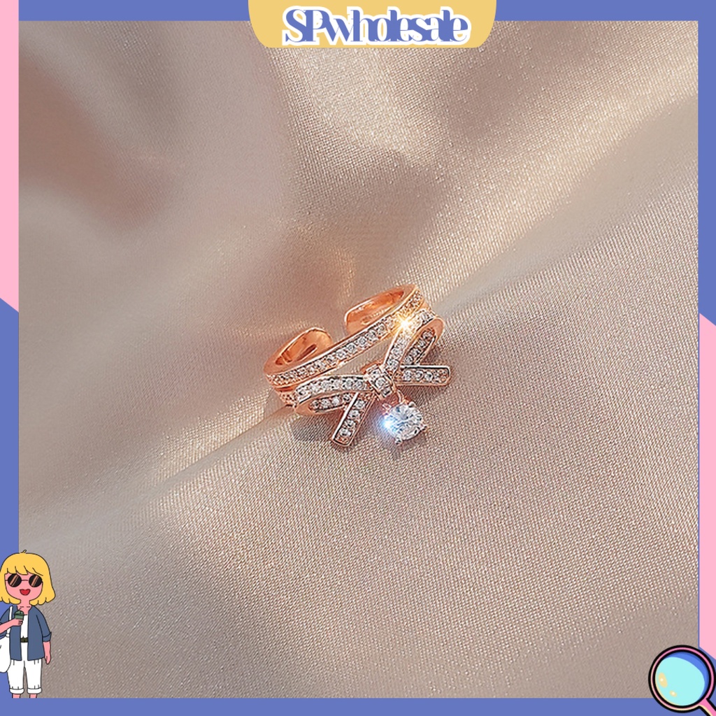 <SPwholesale> Nhẫn Hở Hai Lớp Đính Đá Zircon Hình Nơ Bằng Hợp Kim Sang Trọng Cho Ngày Valentine