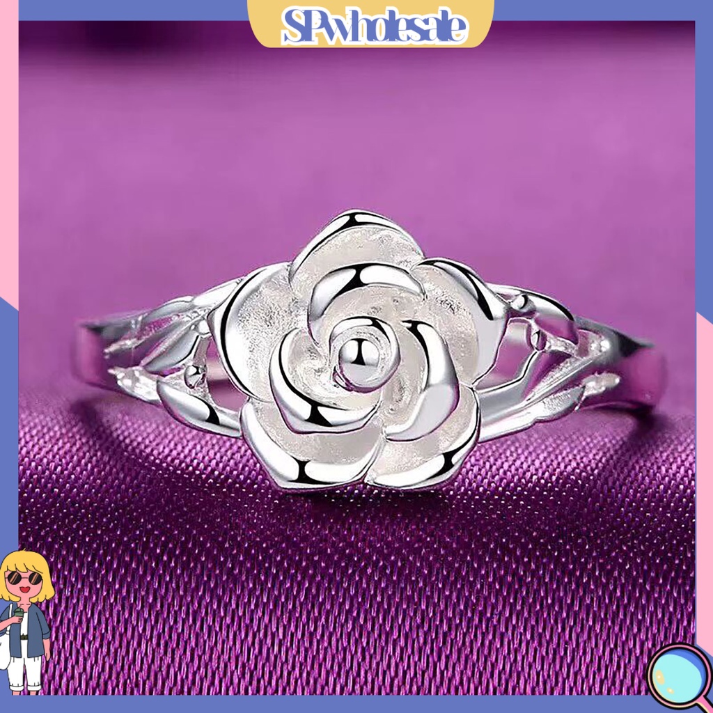 <SPwholesale> Nhẫn Đính Hôn Bằng Đồng Mạ Bạc Khắc Họa Tiết Hoa Hồng Màu Sắc Cổ Điển Dành Cho Nữ